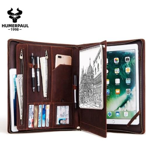 Genuine Leather Portfolio For iPad Pro Cover 7.9' Retro Portable Bussiness Journal Document A4 Cover Bag Multifunction Briefcase