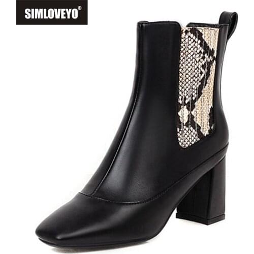 SIMLOVEYO 2021 Autumn Ladies Ankle Stretch Boots Snake Print Slip On Short Plush 7.5CM Chunky Heel US18 Black Brown Beige A4437