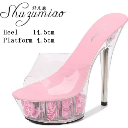 Model Sexy Transparent Crystal Nightclub Show 15 CM Super High Heel Slippers Flowers Clear Platform Catwalk Slides Womens Shoes
