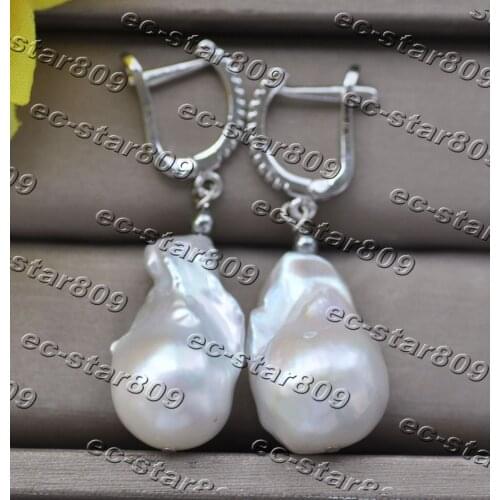 Z11179 25mm White Baroque Reborn Keshi Pearl Dangle Earring CZ Fine Women Fine Jewelry