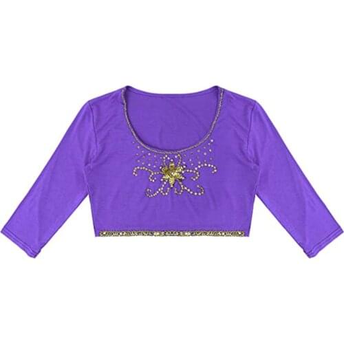 Tribal Womens Shiny Sequins Crop Tank Top Scoop Neck 3/4 Sleeve T-Shirt Belly Dance Choli Tops Gypsy Accessories