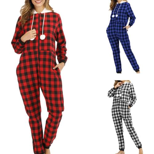 Womens Pajama Christmas Plaid Jumpsuit Plush Hat with Hood Drawstring One Piece Clothes Winter Warm Jumpsuit Ladies Romper