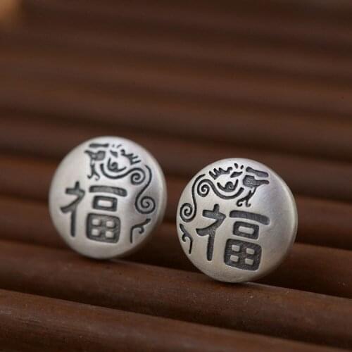 FNJ Round Good Luck Stud Earrings 925 Silver New Fine 100% Pure S925 Sterling Silver Earring for Women Jewelry Lucky Fu