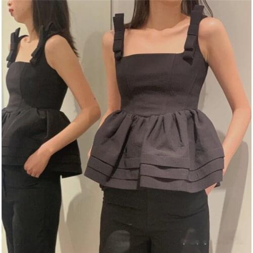 2021 Summer New French Square Neck Strap Tops Female Bowknot Ruffled Short Vest Simple Fashion Sleeveless Top For Women Y846