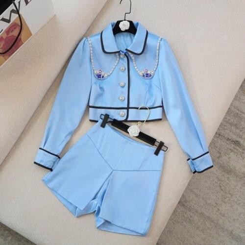 High Quality New Autumn Sweet Two Piece Set Women Diamonds Beading Short Jacket Coat + High Waist Shorts Sets Vintage Pant Suits