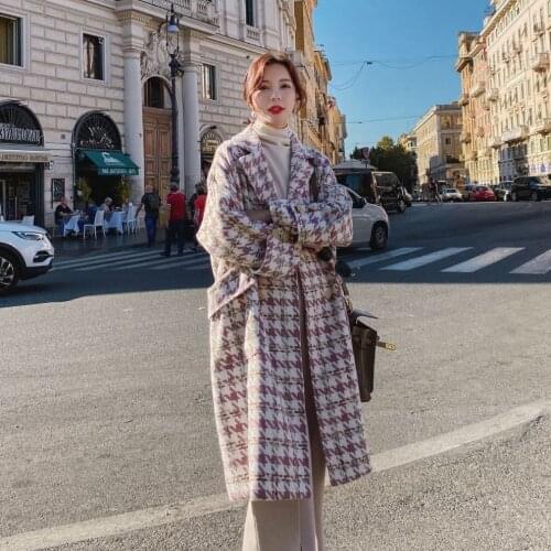 Chic Houndstooth Overcoat Women Winter Clothing Pink Long Woollen Coat Tailored Collar Loose Outerwear Stylish Lady Wool Coats