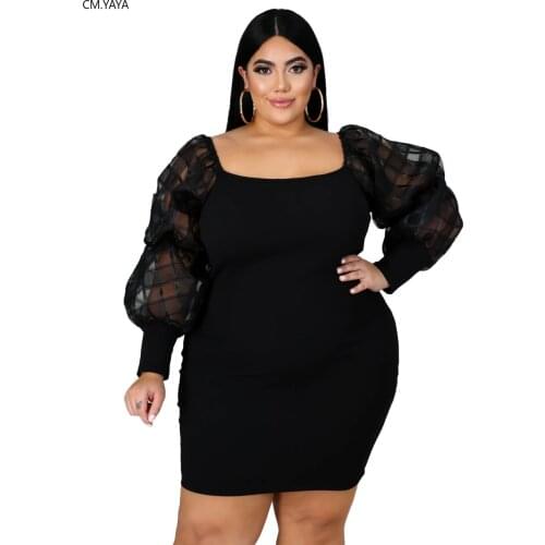 CM.YAYA Autumn Plus Size XL-6XL Women Lantern Long Sleeve Mesh Patchwork Bodycon Midi Mini Dress Vestidos