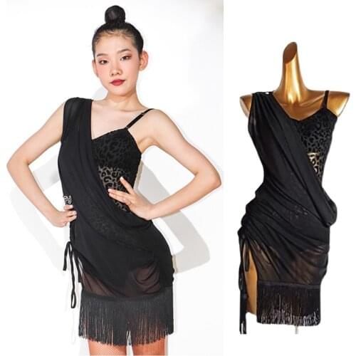 Mesh Stitching Leopard Latin Dance Dress Girls Salsa Rumba Dancing Competition Costume Tango Performance Dancewear VDB3926