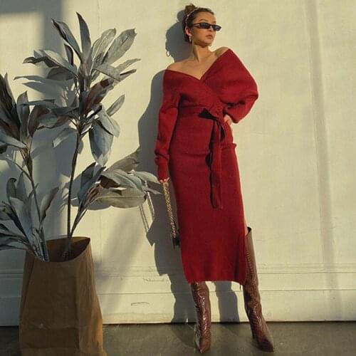 Woman dress Sexy waist halter temperament V-neck mid-length slit dress was thin knitted dress vestito da donna long sleeve dress