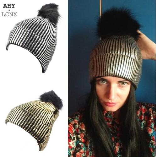 Winter Womens Hat Knitted Girls Bronzing Gold Silver Beanies Pompom Ball Hat Warm Hats Female Skullies Ladies Bonnet Hat