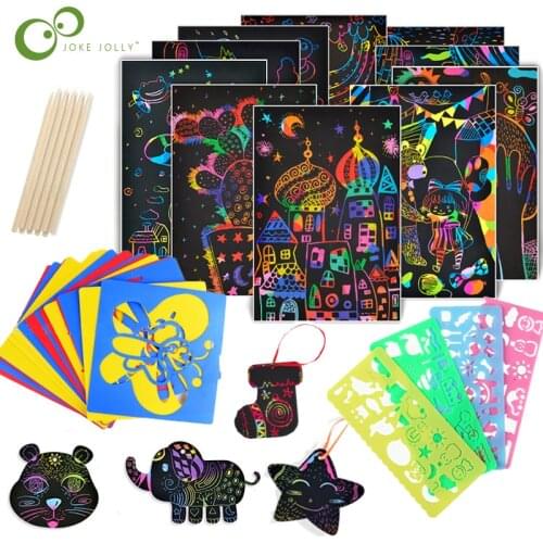 1Set Magic Color Rainbow Scratch Paper Card Set with Graffiti Stencil for Drawing DIY Art Painting drawing Toy Kids Gifts ZXH