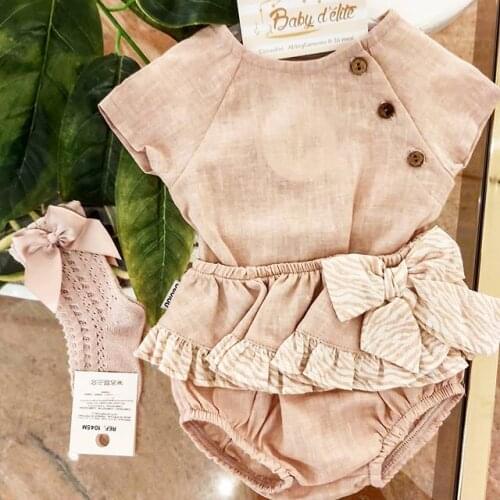 New 2PCS Summer Outfits Infant Short Sleeve Round Neck Oblique Button Top Layered Bow Shorts