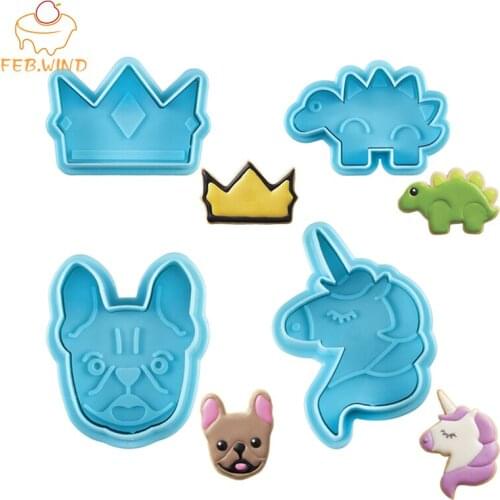 4Pcs Plastic Cookie Cutters Set Animal Dinosaur/Crown/Dog/Unicorn Biscuit Cutter Thumbprint Cookie Stamps For Cooking Baking 765