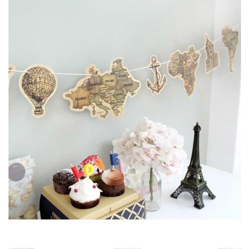 9pcs Ancient World Map Flags Garland Pennants Anchor Fire Balloon Paper Banner World Travel String Bunting for Home Decoration
