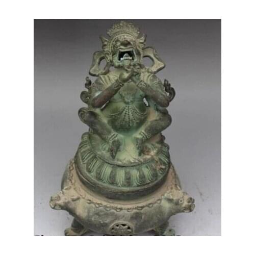 RHS0105 9" Tibet Old Bronze Mahakala Wrathful Deity Buddha Statue incense Burner Censer