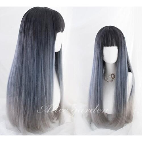 Gradual Gray Blue Black Lolita Wig Women Harajuku Long Straight Hair Bangs Adult Chic Girls Halloween Witch Cosplay Daily Wear