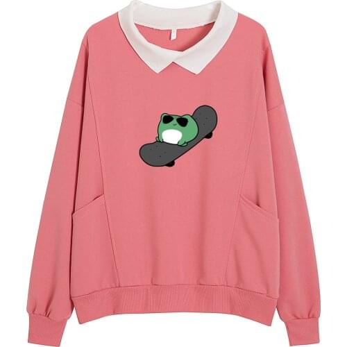 90s Aesthetic Funny Frog on Skateboard Hoodie Cotton Harajuku Hoodies for Teen Girls with Pocket Fashion Streetwear Cute Clothes