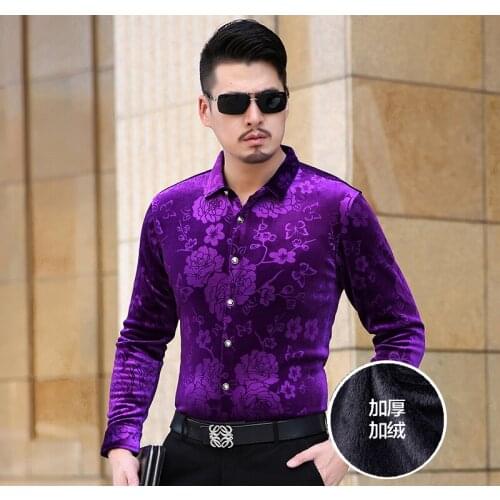 Man Thermal Shirts Winter Autumn Thick Velvet Clothes Long Sleeve Male Gold Velvet Floral Dresses