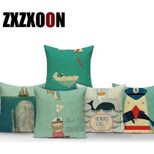 Nordic Navigation Cute Cartoon Polyester Cojines Decorativos Para Sofa Pillow Cushion Cover Animals Whale Fish Pillowcase