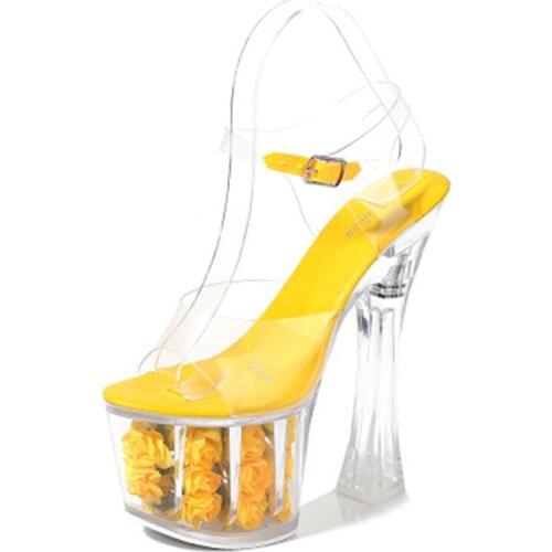 New model shoes rose platform super high heels 17 cm square heel sandals transparent crystal wedding party sandals
