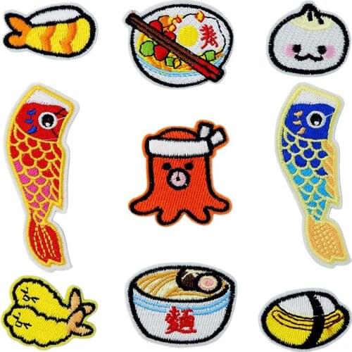 New Sushi Seafood Cuisine Fish Embroidered Iron on Patches for Clothing DIY Stripes Clothes Patchwork Sticker Custom Applique