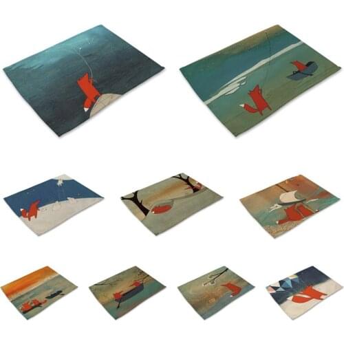 Cartoon Fox Pattern Table Mat Animal Printing Table Napkin Placemat Kitchen Dining Decoration