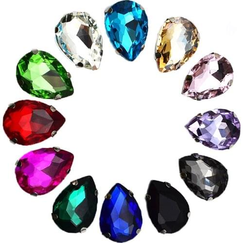 Silver Base Teardrop Crystal Glass Flatback Sew on Rhinestones For DIY Dress Decoration