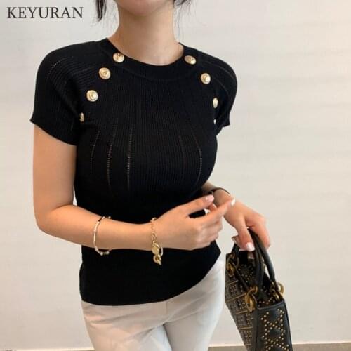 Thin Knitted Hollow Out T Shirt Women Summer Short Sleeve Decorated Buttons T-Shirt Female Crop Tops Sweater Pullovers For Woman