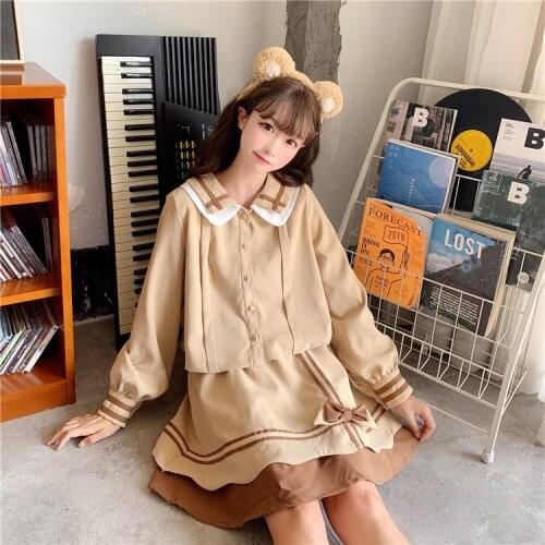 Spring Womens New Cute College Doll Collar Butterfly Lace Shirt Skirt JK school girl uniform japanese fashion school skirt