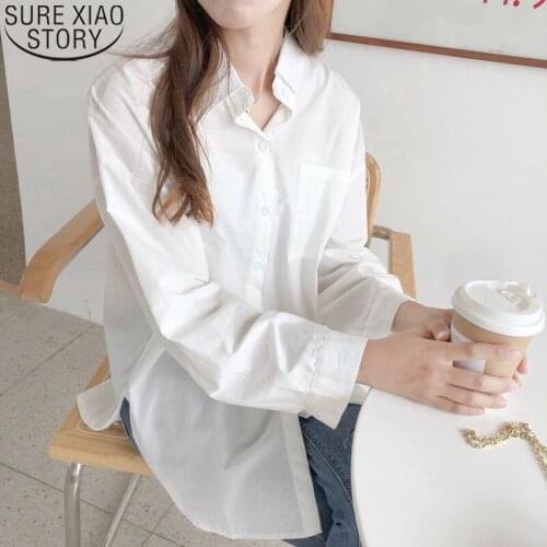 2021 Spring New White Shirt Women Loose Long Sleeve Blouse Turn Down Collar Casual Ladies Cotton and Linen Tops Pocket 12807