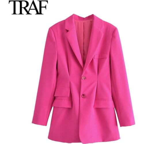 TRAF Za Women Clothing 2021 Fashion Satin Rose Red Pleated Slim Blazers Long Sleeve Flap Pocket Outerwear Chic Office Lady Coat