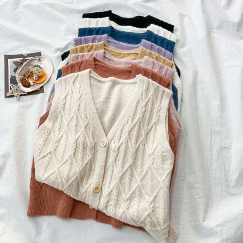 Women Short Knitted Sweater Sleeveless Women Loose Sweater Vest Ladies V-Neck Pullover Tank Tops Single-Breasted Waistcoat C7618