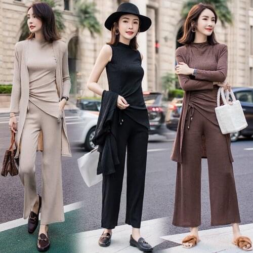2019 Women New Suit Long Sleeved Jacket & Long Vest & Wide Leg Trousers 3 Piece Set Sets Autumn Fashion Casual Trench Coat Suit
