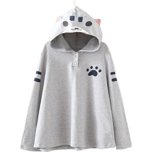 Mori Girl Style Women Cute Cat Ear Print Long Sleeve Tracksuit Harajuku Kawaii Hoodies Pullovers With Ears On Hood 2022019