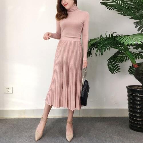 2 piece outfits for women retro bright silk high neck sweater long sleeve pullover + high waist long pleated skirt suit