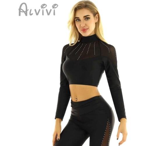 Alvivi Women Ladies Lingerie Back Crop Top Dancewear Shiny Rhinestones Mesh Spliced Shoulder Mock Neck Long Sleeves Stage Wear