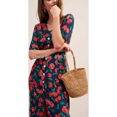 100% Viscose Apple Printed Notched Mini Dress With Short Sleeve & Front Buttoned Detail - Elfbop Women Navy/Pink Short Dress