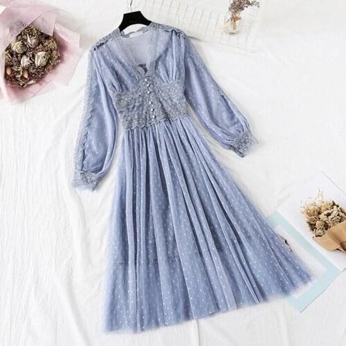 Polka Dot Print Women Dress 2-piece set 2020 Spring Summer Vintage Long sleeve Party Dress Sweet Lace Mesh Dresses Vestidos
