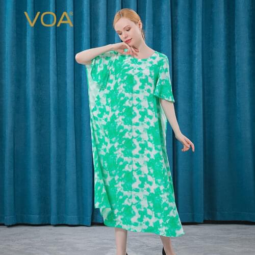 VOA 30m/m Silk Floral O-Neck Lotus Leaf Sleeve Green Watercolor Graffiti European Version Loose Casual Robe Woman Dress AE506