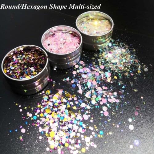 0.1oz/jar Symphony Sequin Glitter Mix for Nail Decoration Acrylic Round/Hexagon Shape Multi-sized Chunky Nail Glitters Flake #F1