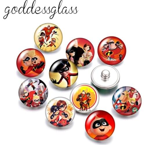 Disney The Incredibles Super Family 10pcs Round photo glass 18mm snap buttons for 18mm snap bracelets jewelry