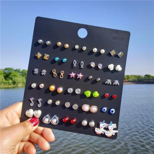 30 Pairs/lot Trendy Unicorn Stud Earring Girls Infinity Fish Bee Music Note Evil Eye Geometric Rhinestone Ear Studs Wholesale