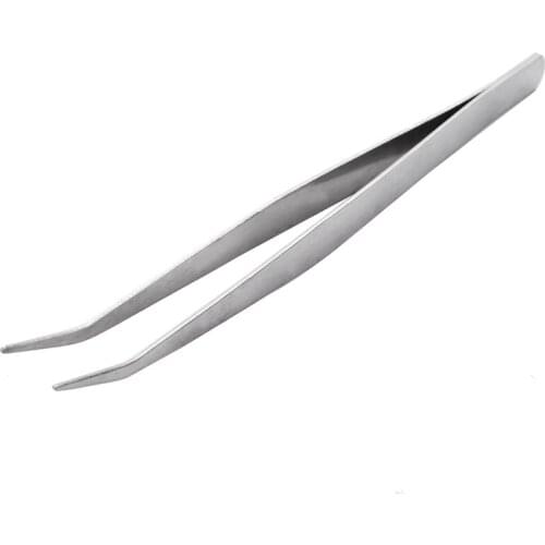 5.9" Long Silver Tone Bent Curved Tip Tweezers Forceps Plier Hand Tool
