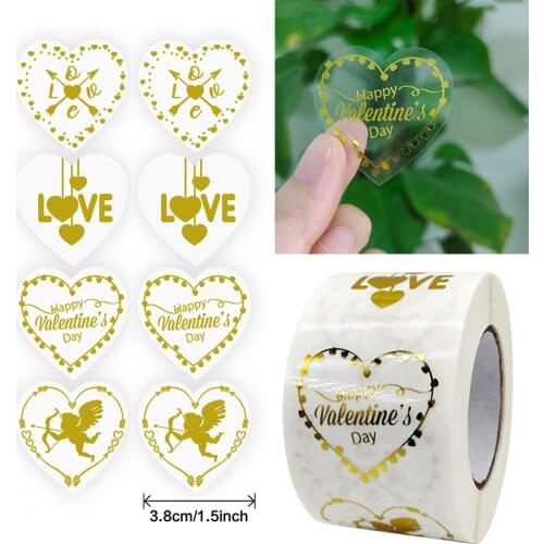 500pcs 3.8cm Happy Valentines Day Stickers Transparent Golden Love Heart Label Gift Diary DIY Decoration Sticker