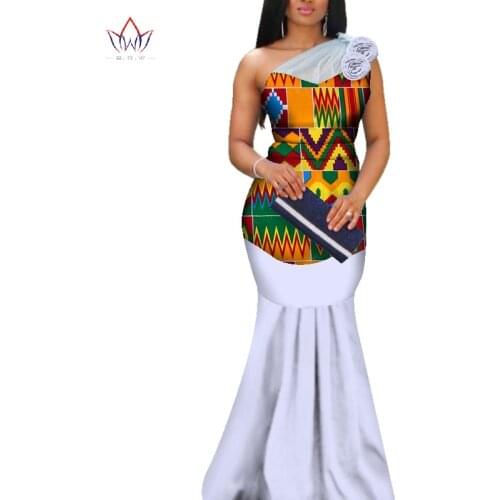 Applique African Print Long Dresses for Women Bazin Riche Mermaid Draped Dresses African Style Custom Wedding Clothing WY3377