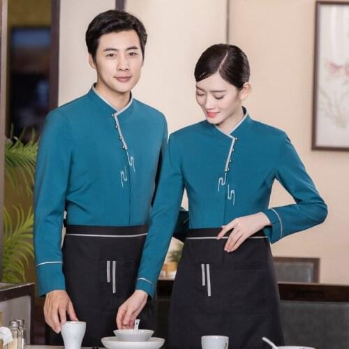 Women Farmhouse Hot Pot Waiter Uniform Men Chinese Restaurant Work Overalls Long Sleeve Cafe Waitress Uniform Catering Chef Wear