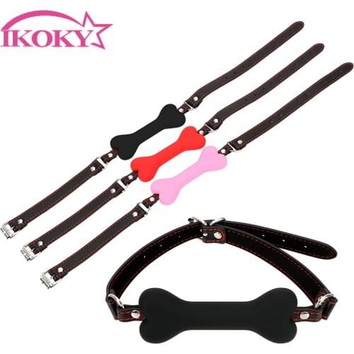 IKOKY Couples Flirting Sex Products Cute Silicone Dog Bone Ball Gag Leather Harness Mouth Mouth Plug Adult Games