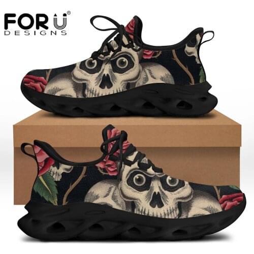 FORUDESIGNS Gothic Skulls Pattern Summer Casual Mesh Flats Walking Sneakers for Ladies Laze Up Breathable Lighted Shoes