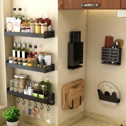 Multifunctional Punch-free Black Kitchen Rack Wall-mounted Pot Cover Rack Knife Holder Cutting Board Seasoning Chopsticks Storag