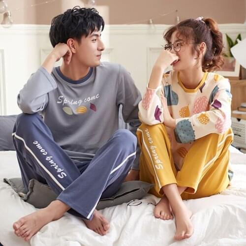 Autumn new pure cotton couple pajamas womens autumn and winter Pullover long sleeve all cotton mens home clothes set